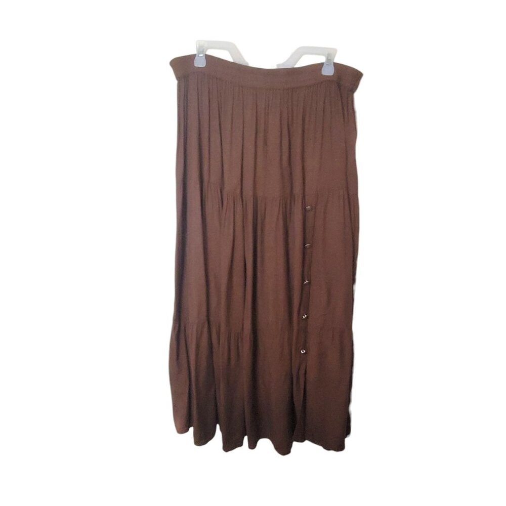 Vtg Crazy Cowgirl Tiered Brown Maxi Skirt Southwest Button Detail XXL Boho Rayon